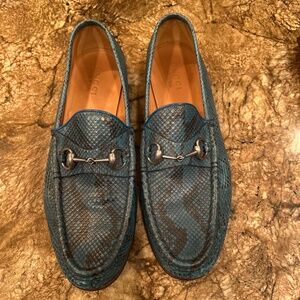 Authentic Gucci Python Snake Skin Turquoise Blue/Black Leather Men Loafer US 9.5